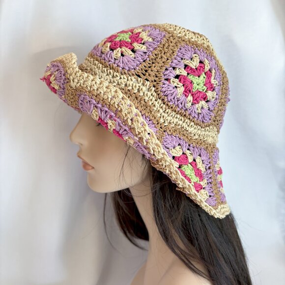 BCBGeneration Straw Crochet Granny Square Bucket Hat Multicolor Size OS main image 6